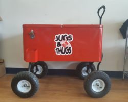 full colour decal applied to the side of red cooler wagon.